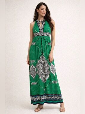 Ronni Nicole Green Paisley Halter Maxi Dress Size 10